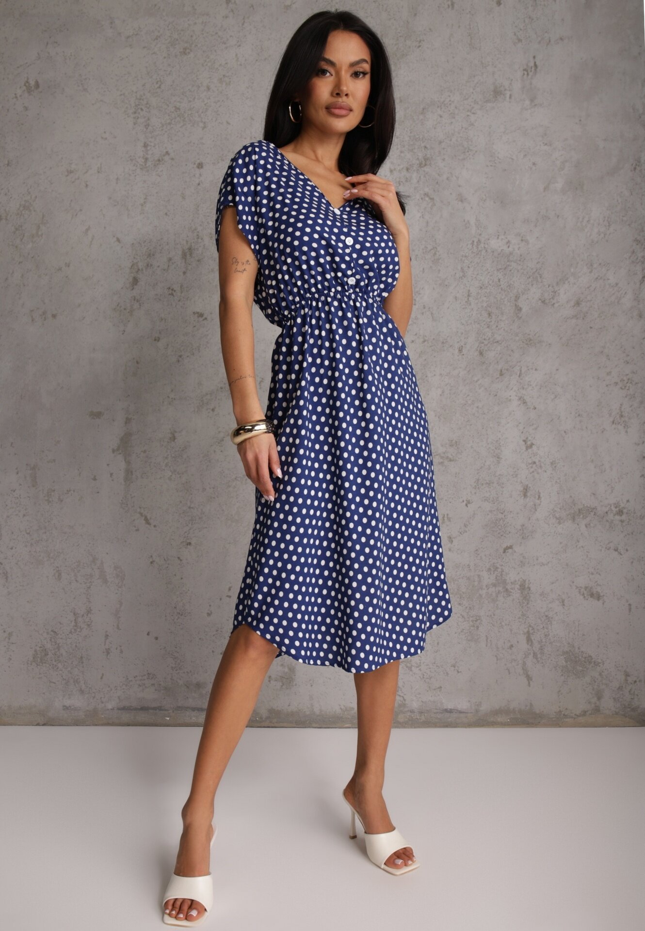 defox Rochie Bleumarin din Bumbac cu croială cloche cu elastic în talie Emilla