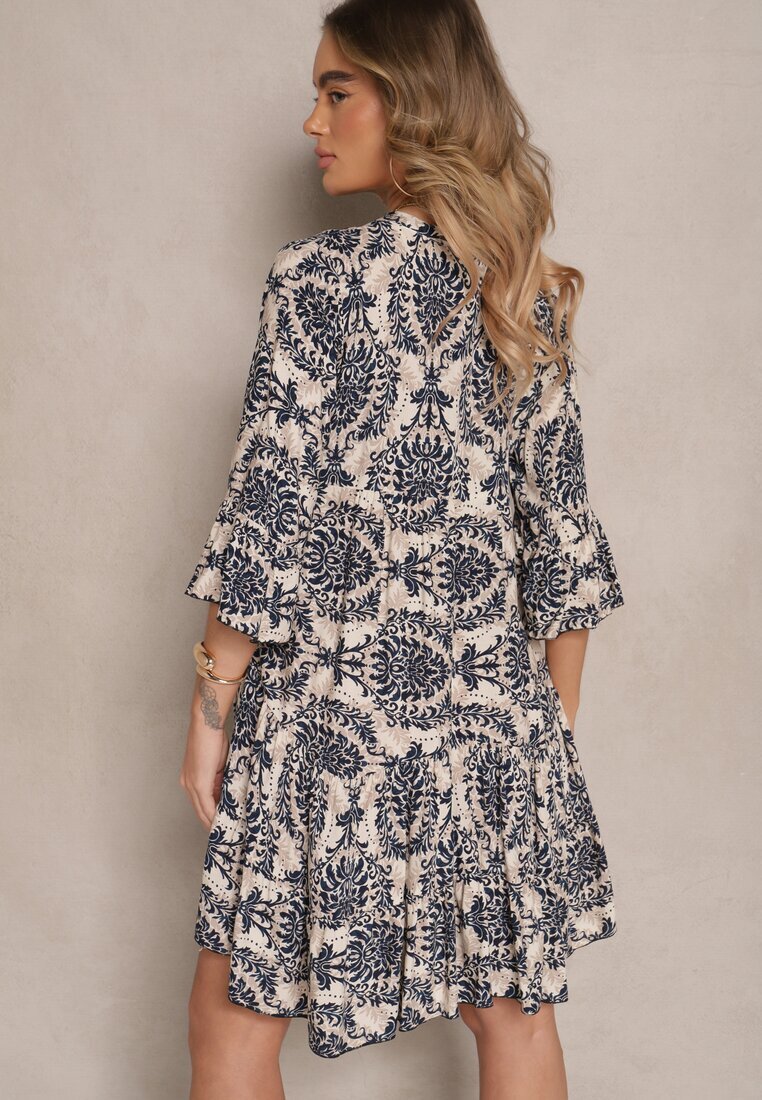 defox Rochie bleumarin din bumbac cu croială evazată cu imprimeu ornamental Laniwea