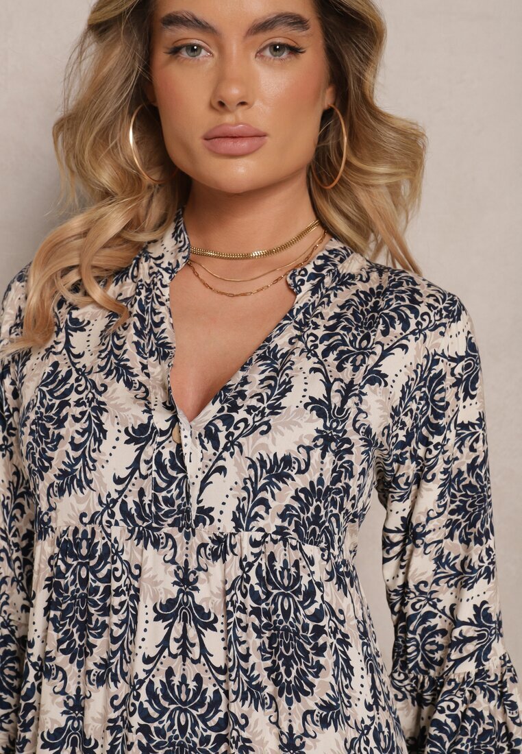 defox Rochie bleumarin din bumbac cu croială evazată cu imprimeu ornamental Laniwea