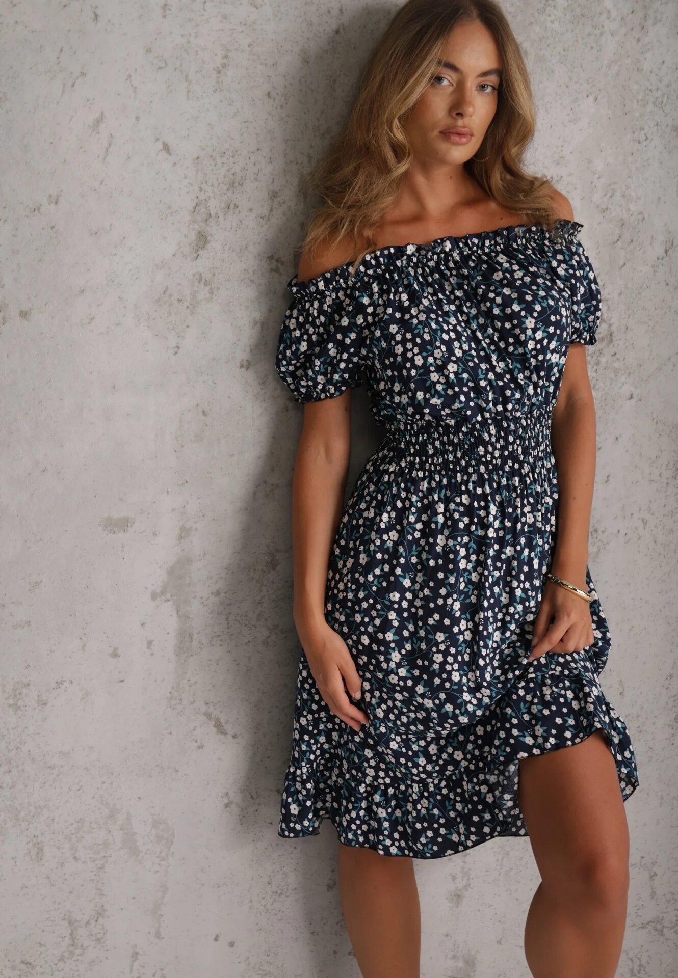 defox Rochie Bleumarin Din Bumbac Midi Spaniolă cu elastic în talie Dnise