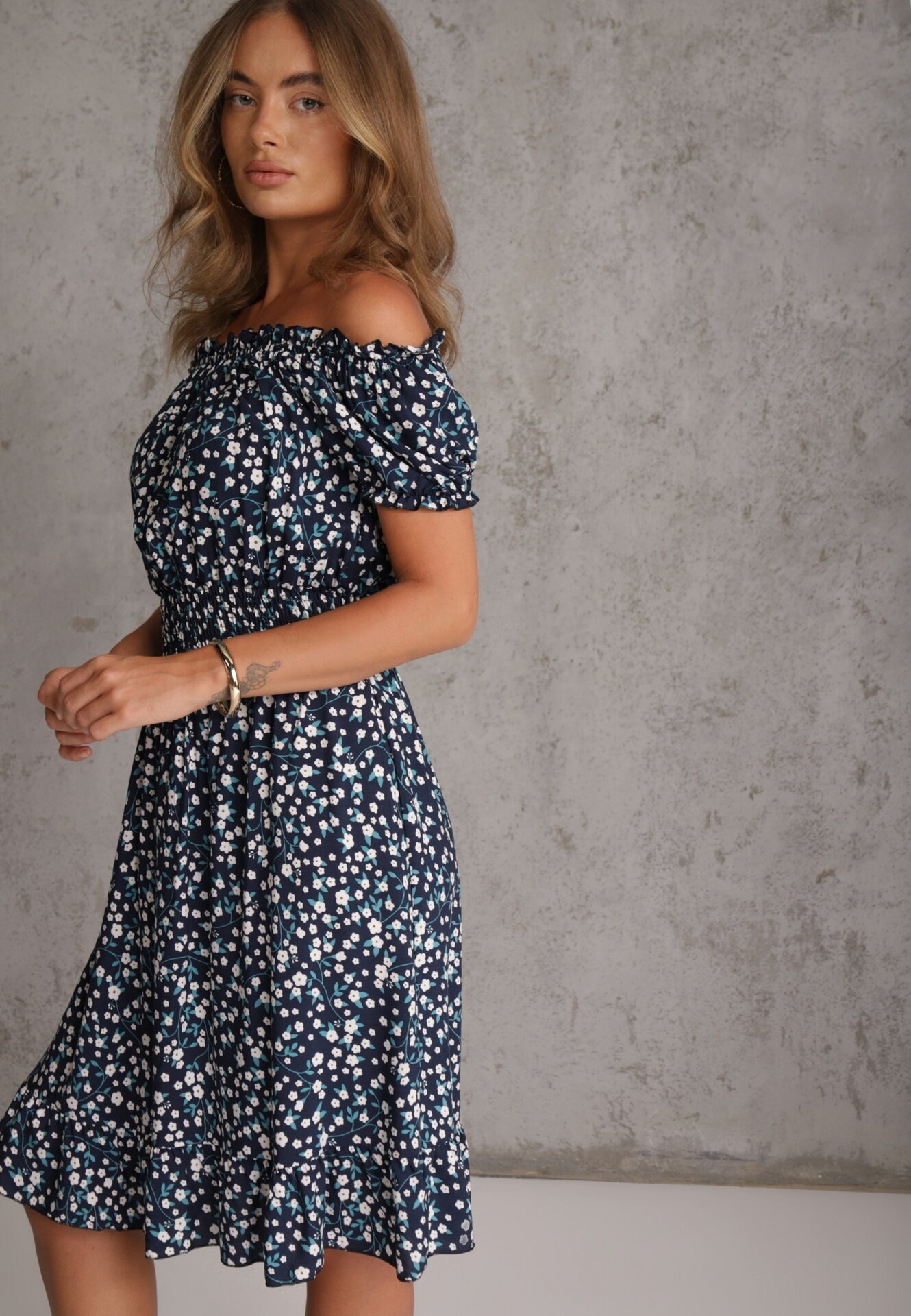 defox Rochie Bleumarin Din Bumbac Midi Spaniolă cu elastic în talie Dnise