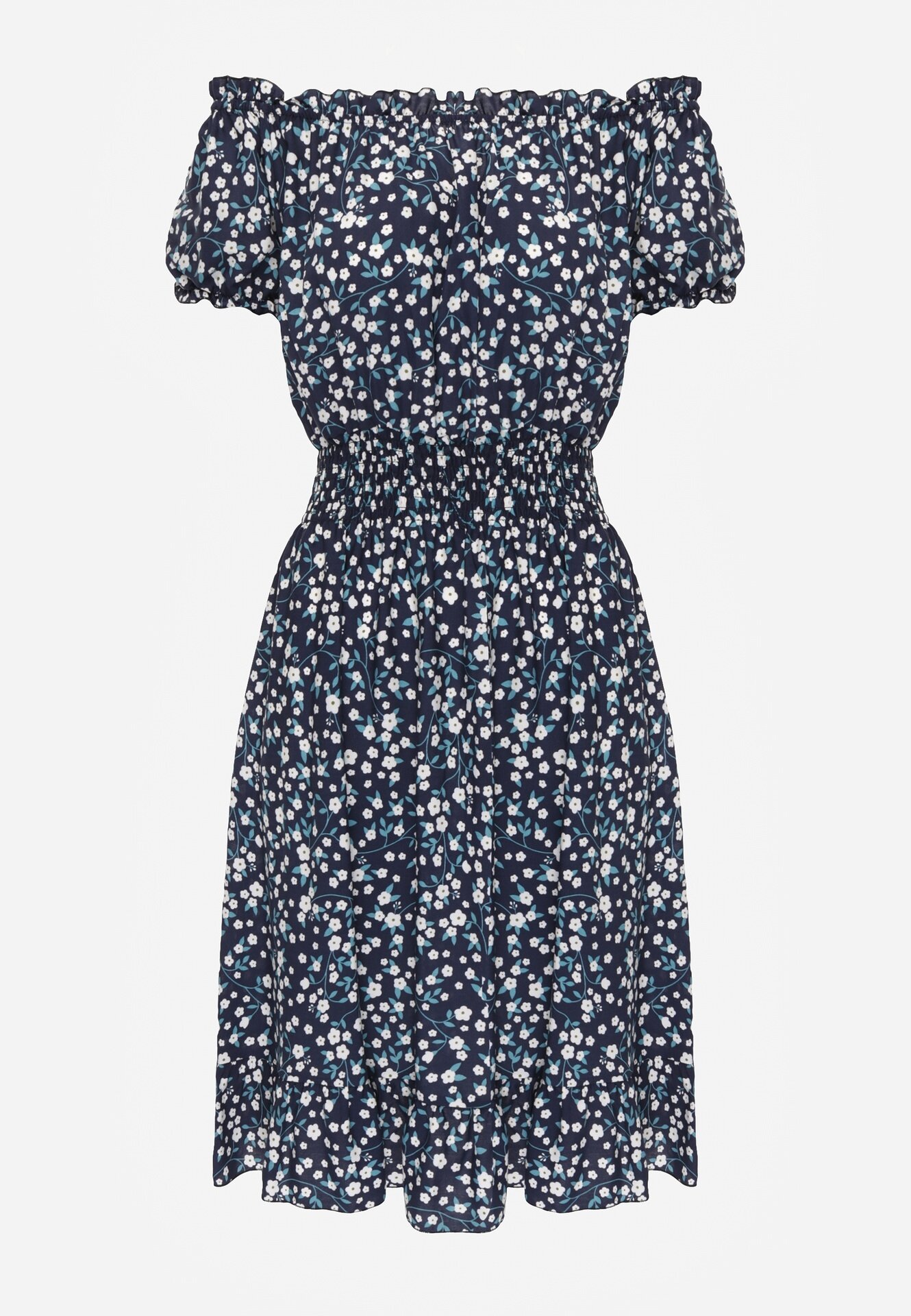 defox Rochie Bleumarin Din Bumbac Midi Spaniolă cu elastic în talie Dnise