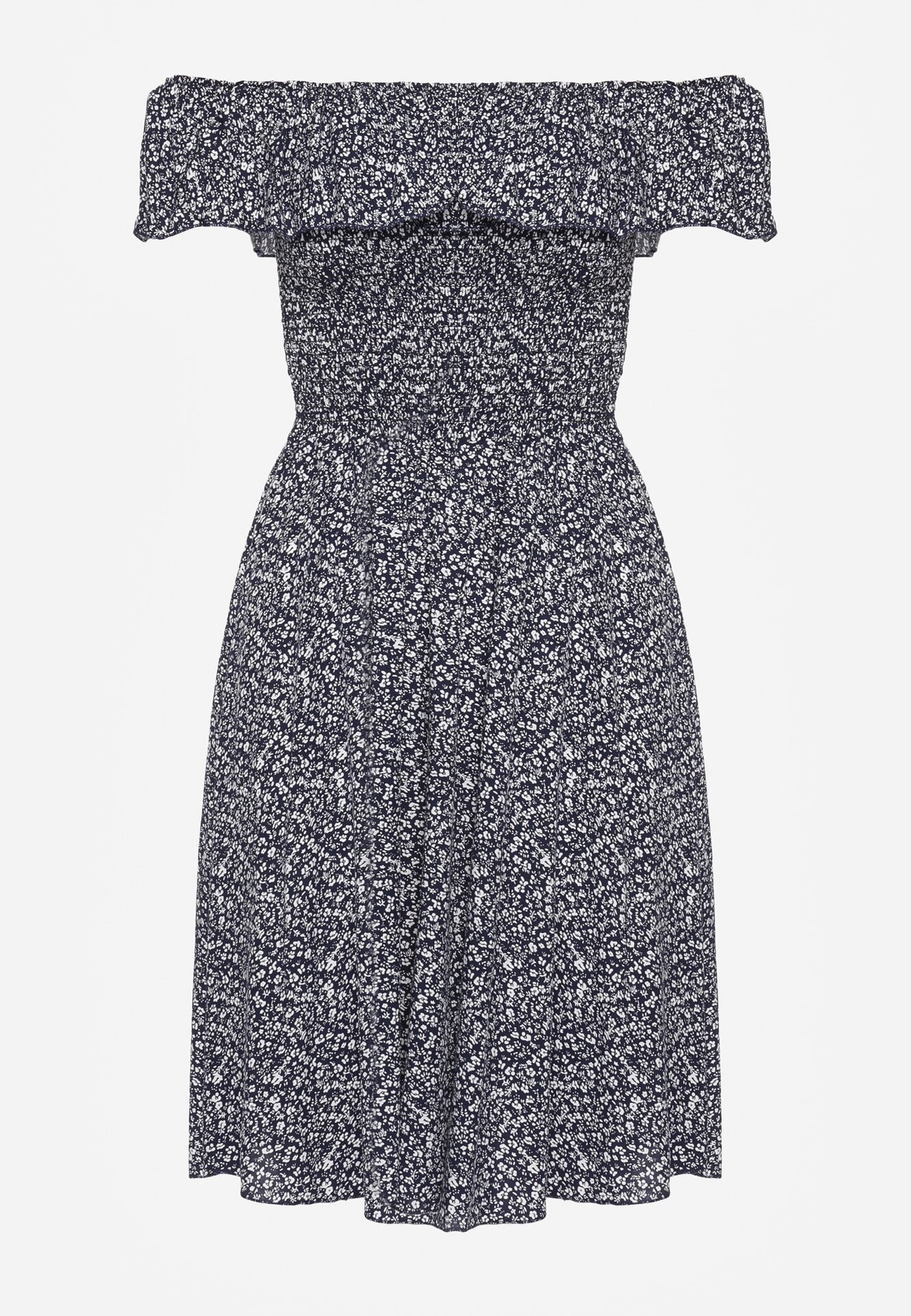 defox Rochie Bleumarin Florală Spaniolă din Bumbac cu Elastic în Talie Nevima