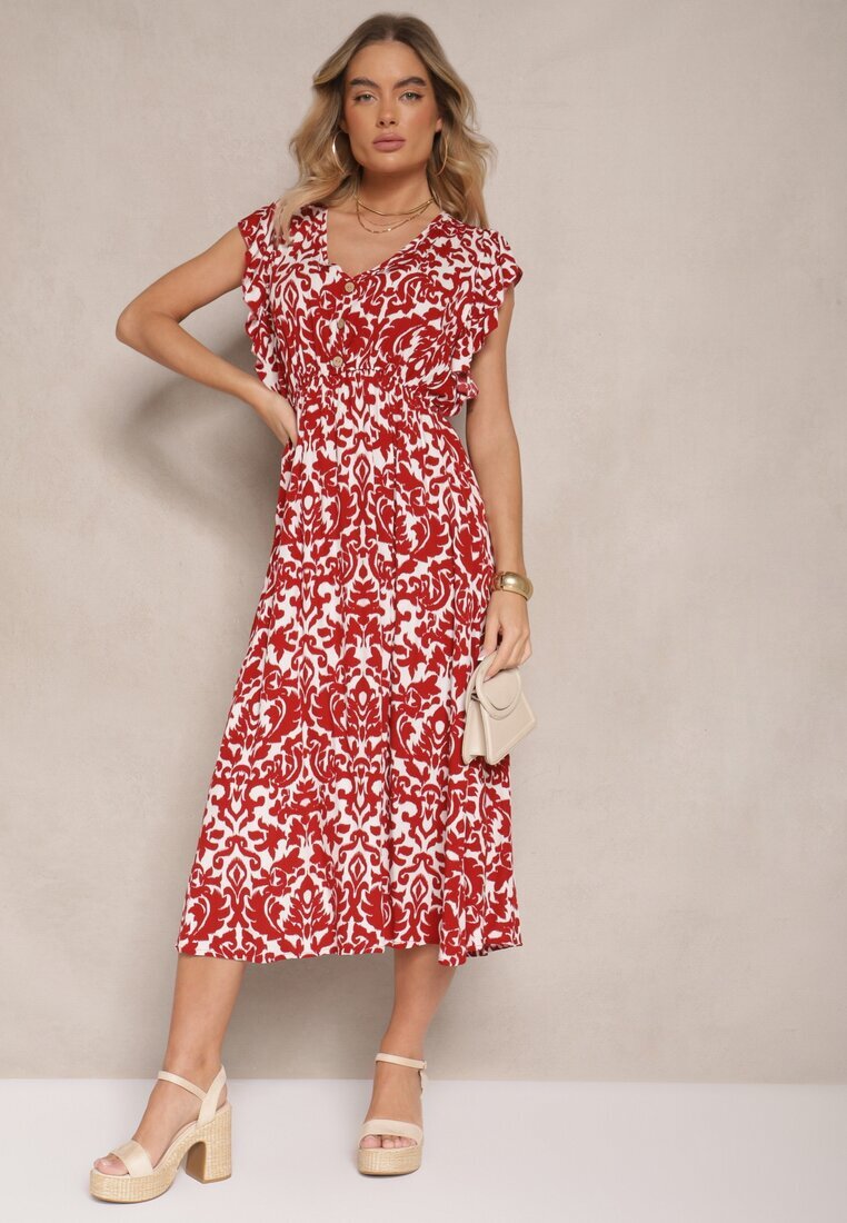 defox Rochie Bordou din Bumbac Cloș cu Volane cu Imprimeu Floral Zalimara
