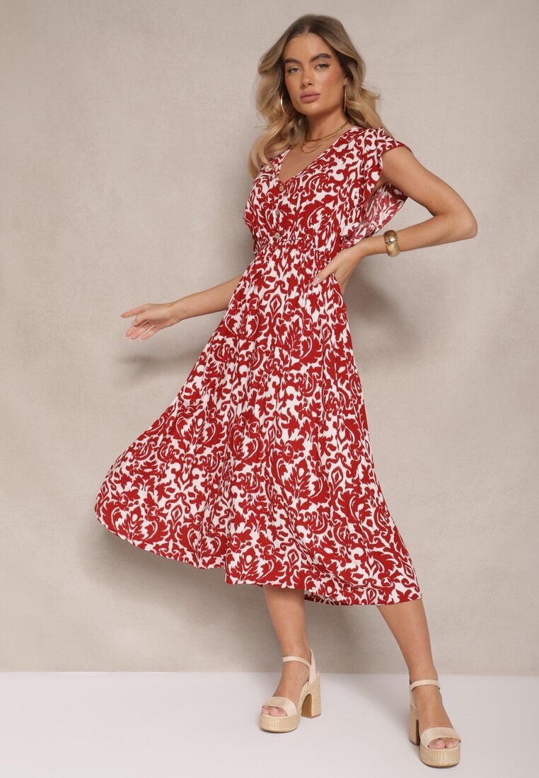defox Rochie Bordou din Bumbac Cloș cu Volane cu Imprimeu Floral Zalimara