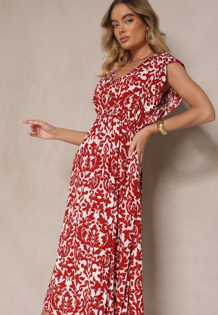 defox Rochie Bordou din Bumbac Cloș cu Volane cu Imprimeu Floral Zalimara