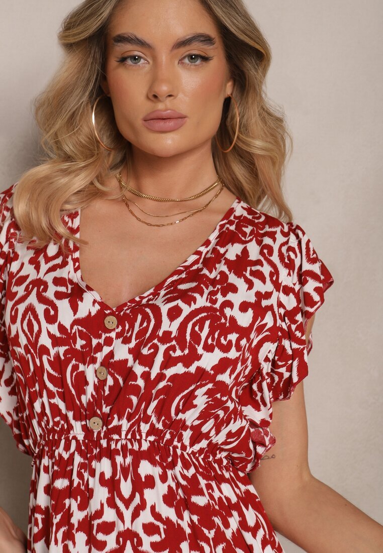 defox Rochie Bordou din Bumbac Cloș cu Volane cu Imprimeu Floral Zalimara