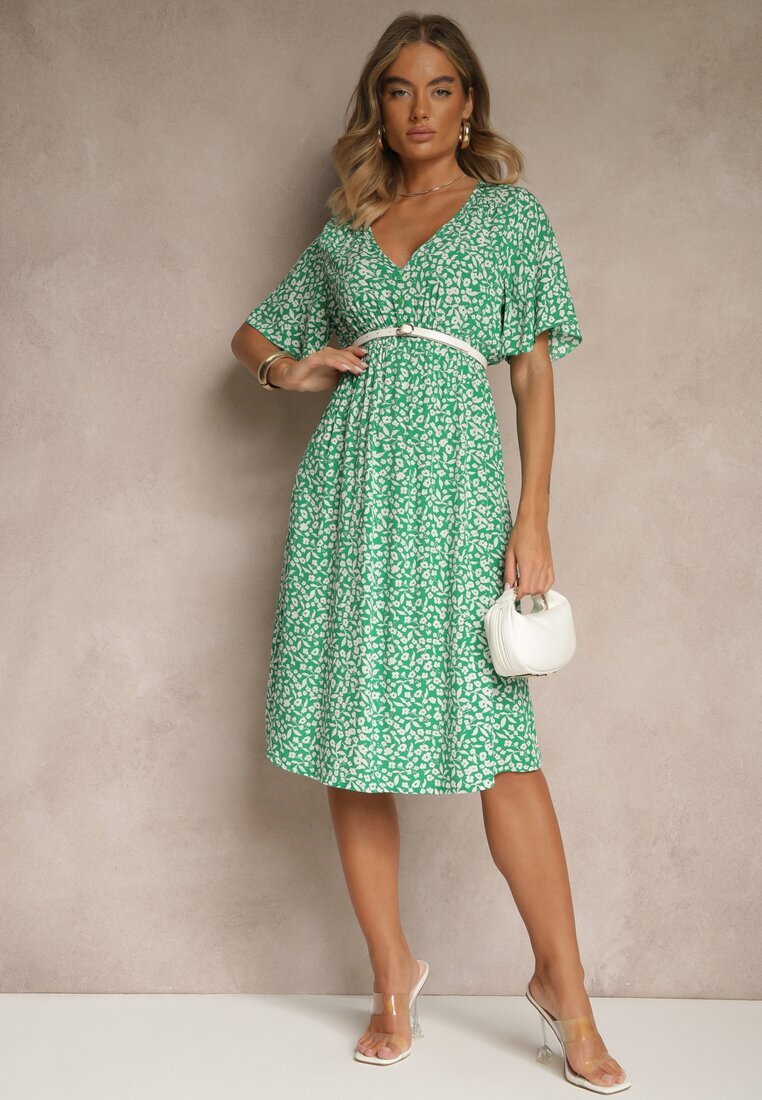defox Rochie Cloș Verde din Bumbac cu Imprimeu Floral Arirelle