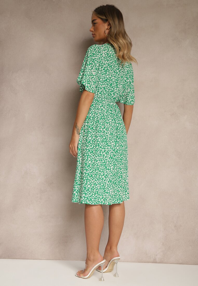 defox Rochie Cloș Verde din Bumbac cu Imprimeu Floral Arirelle