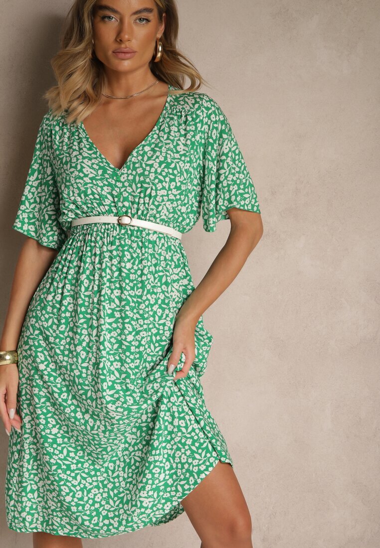 defox Rochie Cloș Verde din Bumbac cu Imprimeu Floral Arirelle