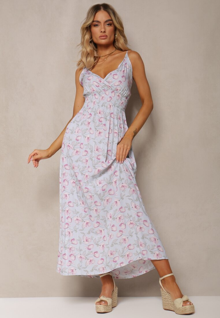 defox Rochie de bumbac albastră deschisă cu bretele subțiri cu imprimeu floral și croială evazată Rosaq