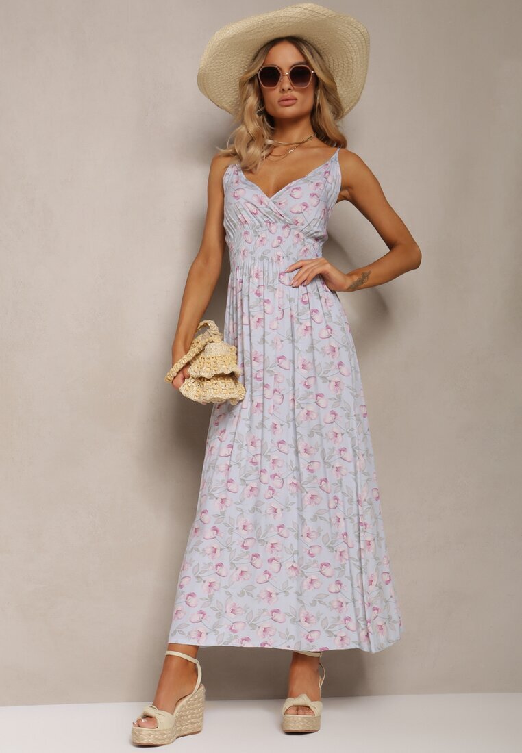 defox Rochie de bumbac albastră deschisă cu bretele subțiri cu imprimeu floral și croială evazată Rosaq