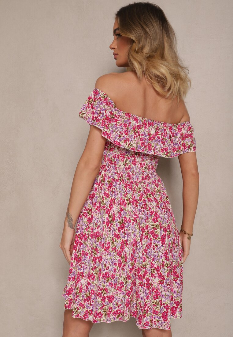 defox Rochie de bumbac roz stil spaniol cu flori și volane Nairavie