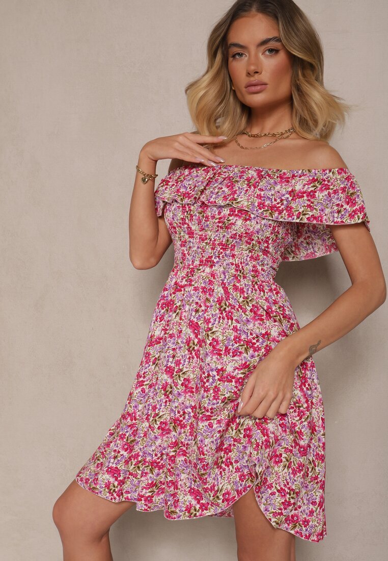 defox Rochie de bumbac roz stil spaniol cu flori și volane Nairavie