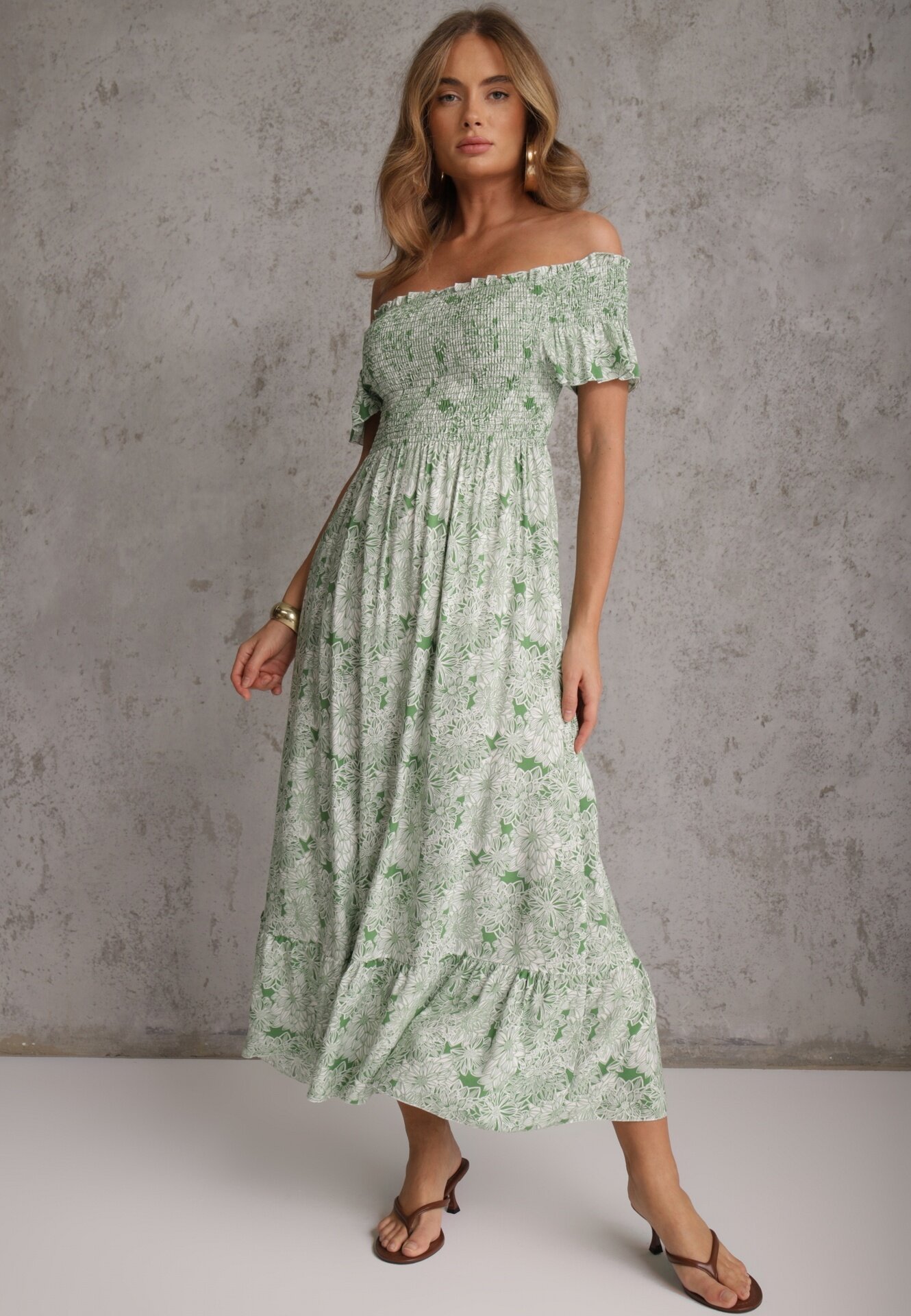 defox Rochie de Bumbac Verde Croială Spaniolă cu Volan Ușor Risalins