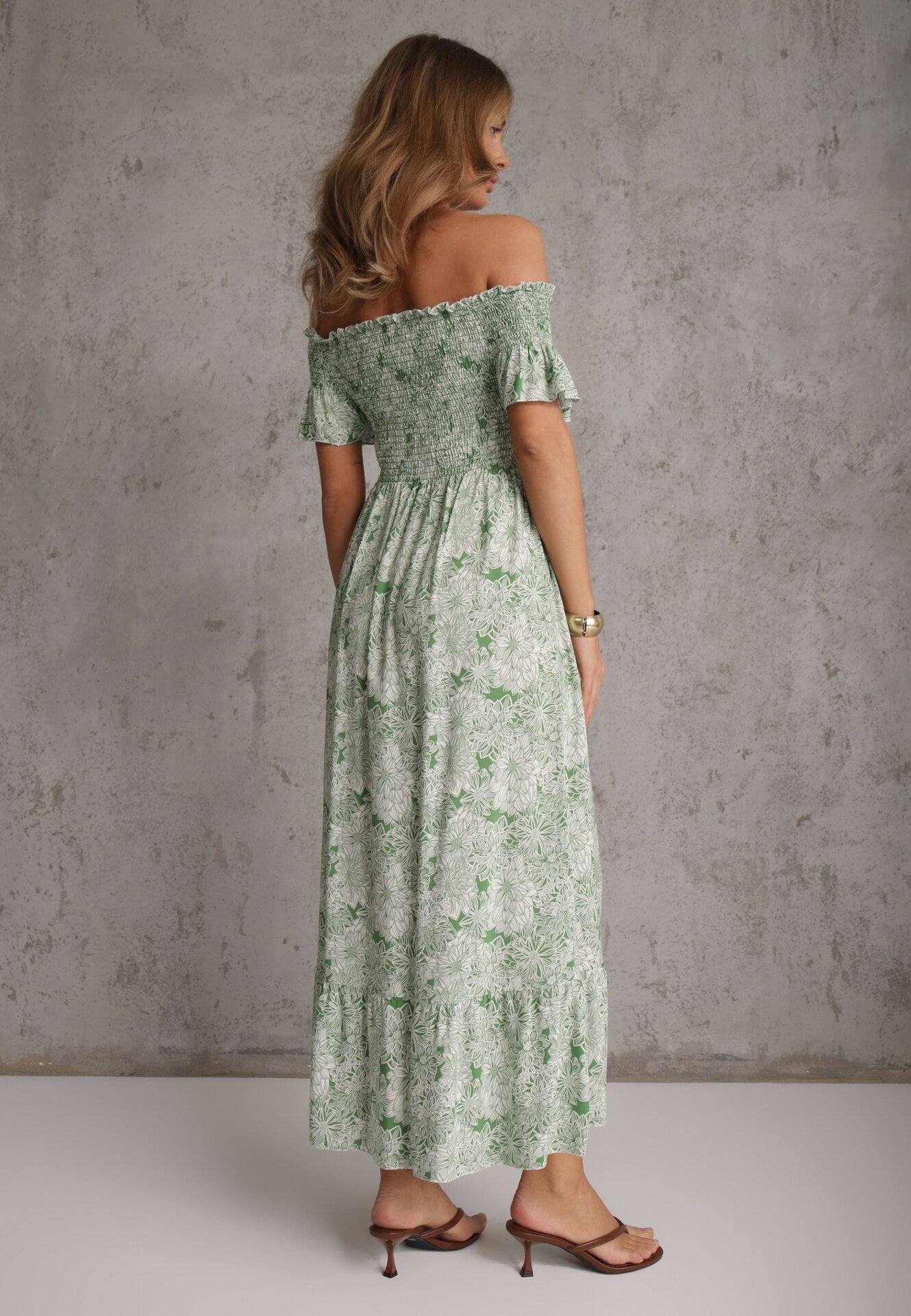 defox Rochie de Bumbac Verde Croială Spaniolă cu Volan Ușor Risalins