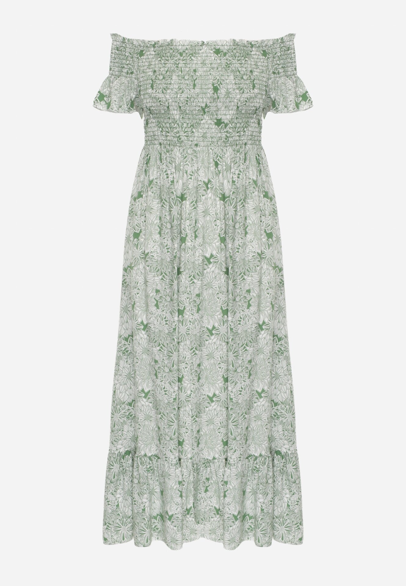 defox Rochie de Bumbac Verde Croială Spaniolă cu Volan Ușor Risalins