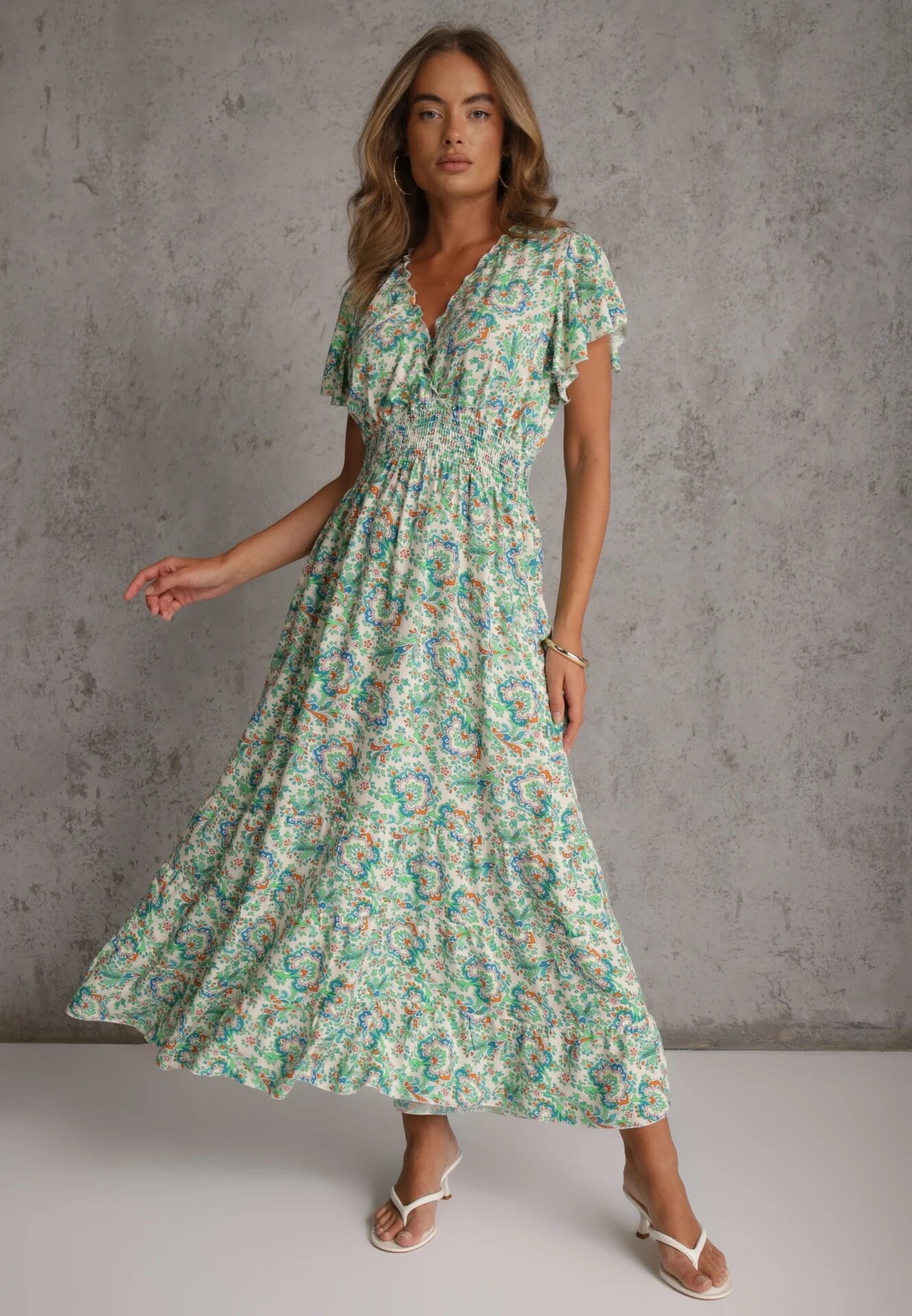 defox Rochie de bumbac verde deschis de vară cu elastic în talie și volane delicate Gloriassa