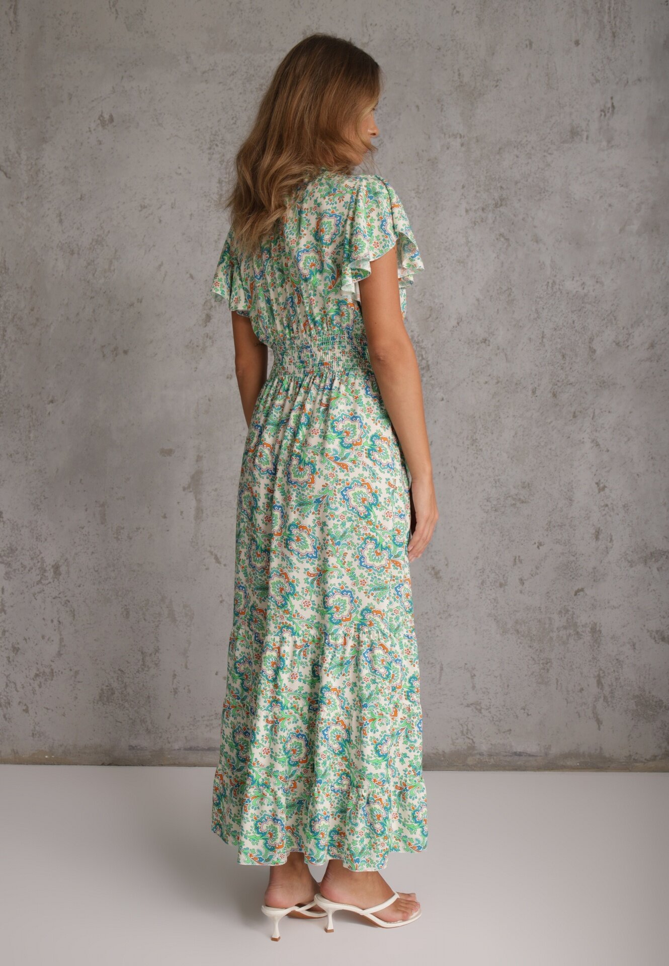 defox Rochie de bumbac verde deschis de vară cu elastic în talie și volane delicate Gloriassa