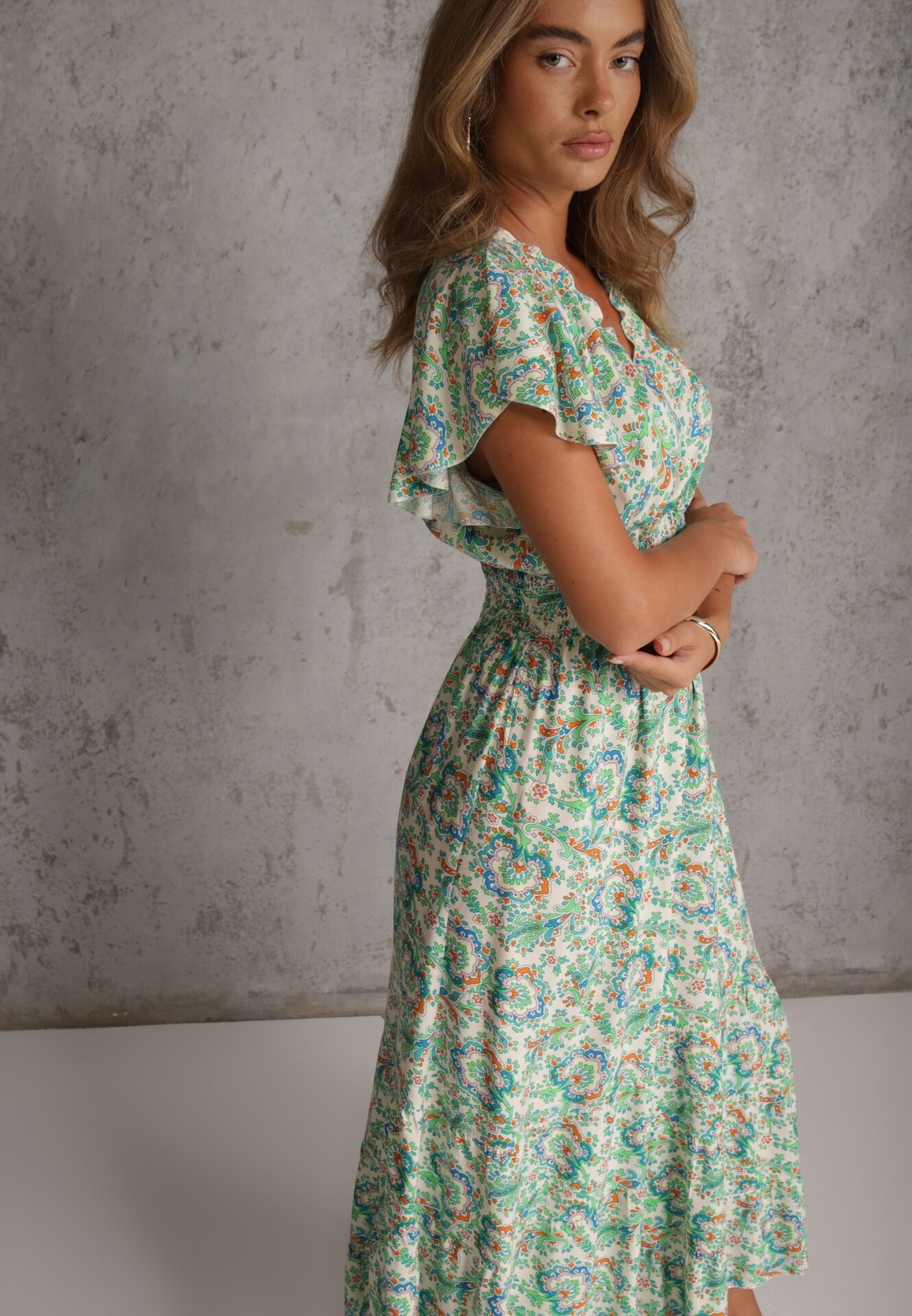 defox Rochie de bumbac verde deschis de vară cu elastic în talie și volane delicate Gloriassa