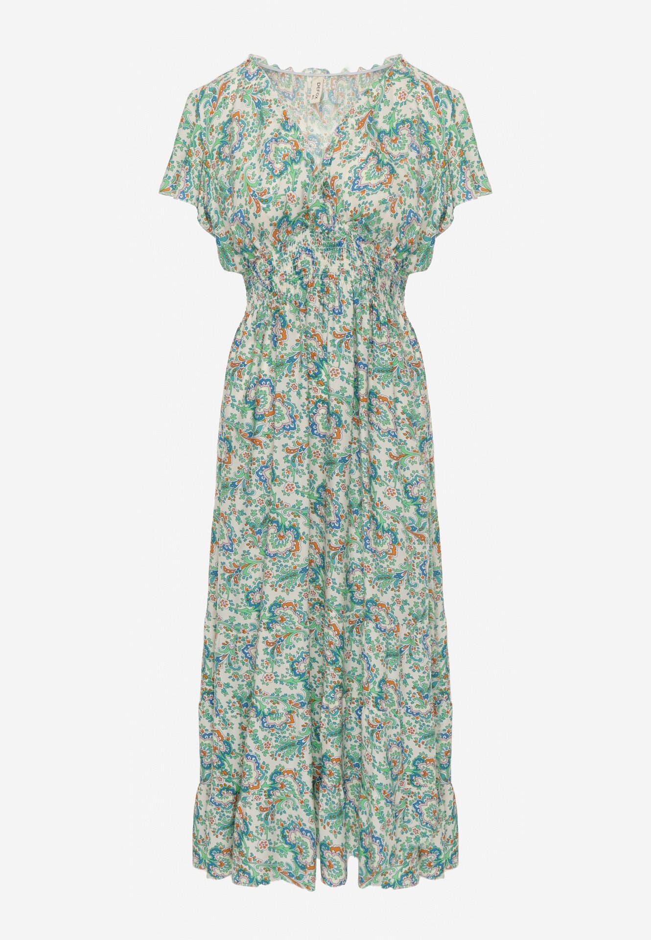 defox Rochie de bumbac verde deschis de vară cu elastic în talie și volane delicate Gloriassa