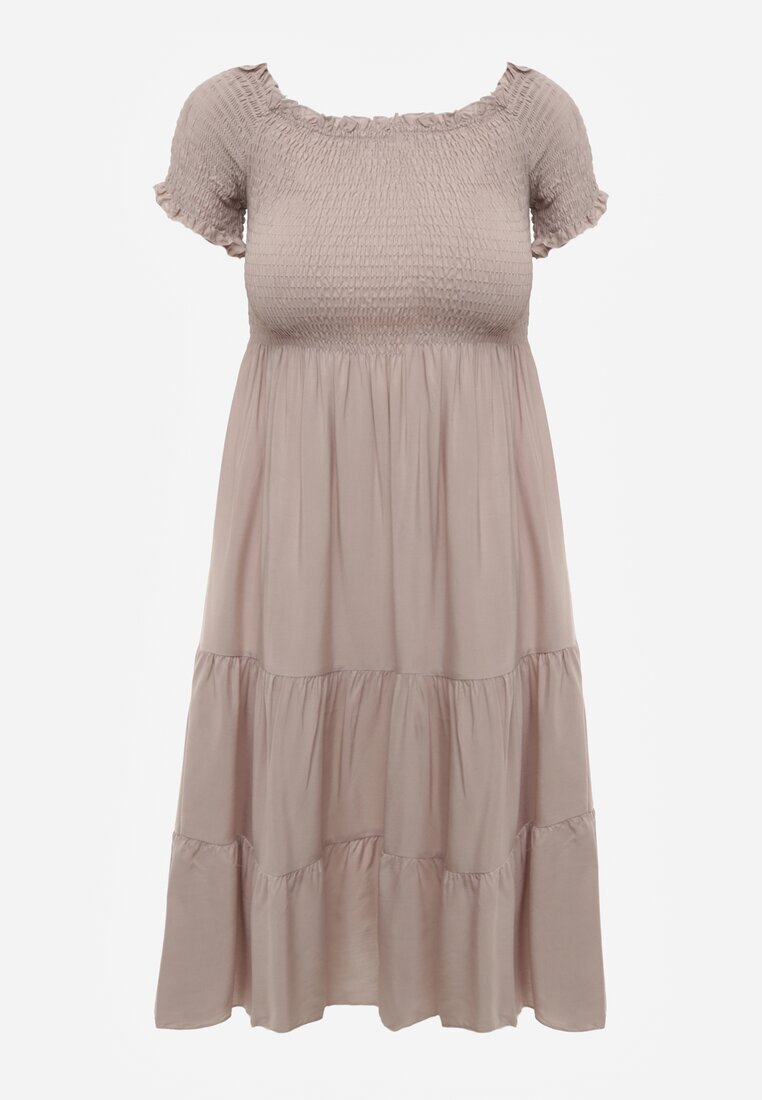 defox Rochie de vară Bej deschis din bumbac croială spaniolă cu volane evazate Lorania