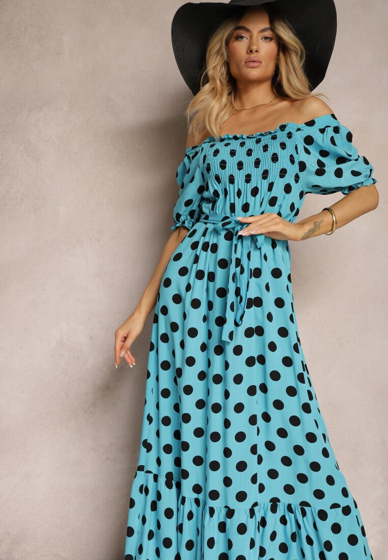 defox Rochie din Bumbac Albastră cu Decolteu Încrețit și Curea din Material Tesaya