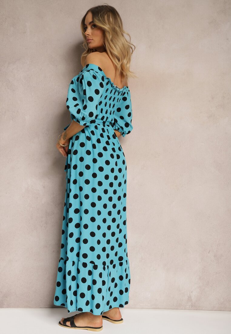 defox Rochie din Bumbac Albastră cu Decolteu Încrețit și Curea din Material Tesaya