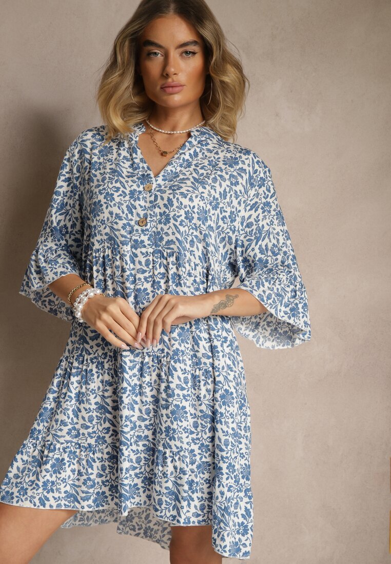 defox Rochie evazată alb și albastru din bumbac decorată cu imprimeu floral Jenelitia
