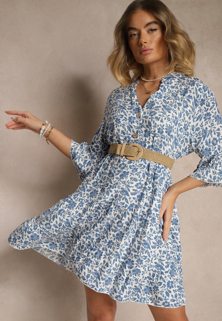 defox Rochie evazată alb și albastru din bumbac decorată cu imprimeu floral Jenelitia