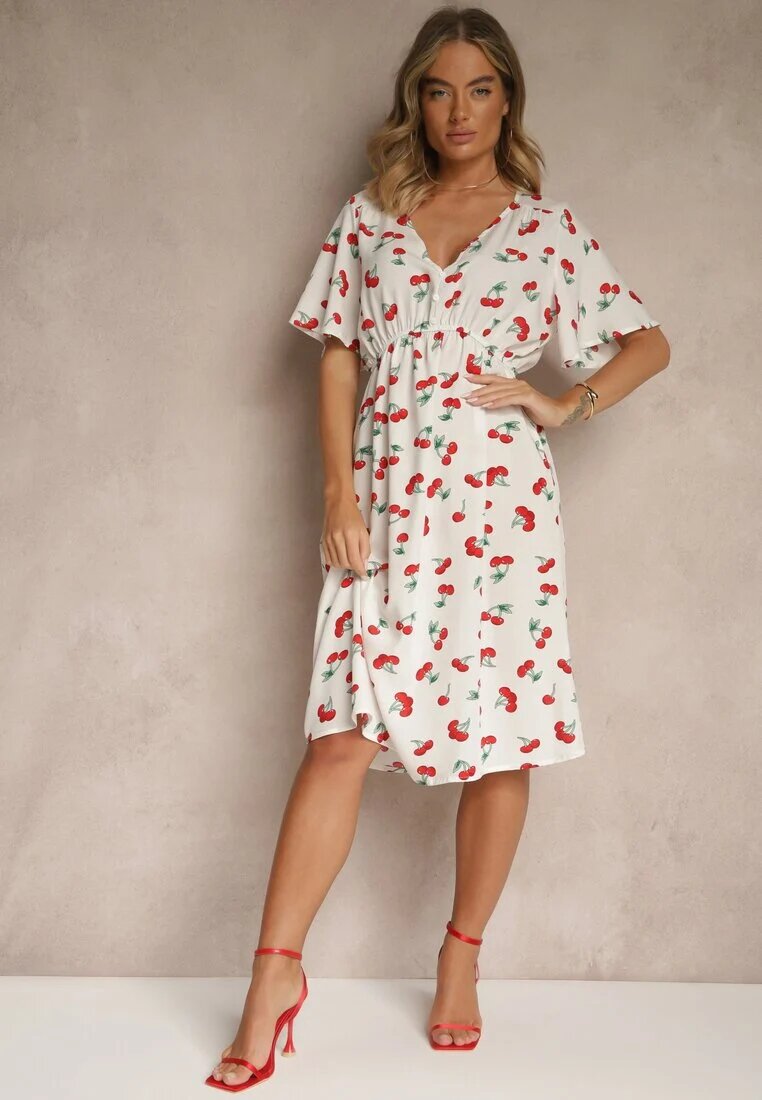defox Rochie Evazată Albă din Bumbac Decorată cu Imprimeu cu Cireșe Folenea
