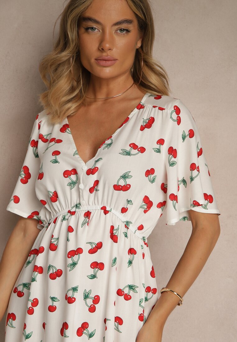 defox Rochie Evazată Albă din Bumbac Decorată cu Imprimeu cu Cireșe Folenea