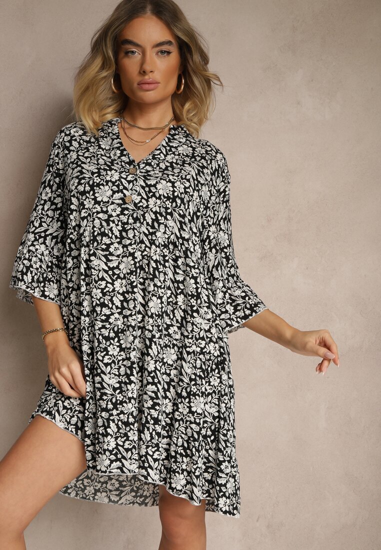 defox Rochie Evazată Neagră din Bumbac Decorată cu Model Floral Jenelitia