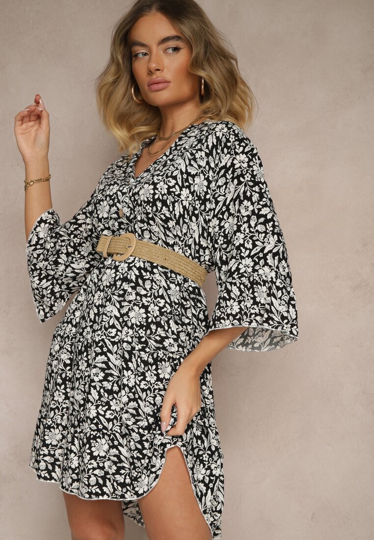 defox Rochie Evazată Neagră din Bumbac Decorată cu Model Floral Jenelitia