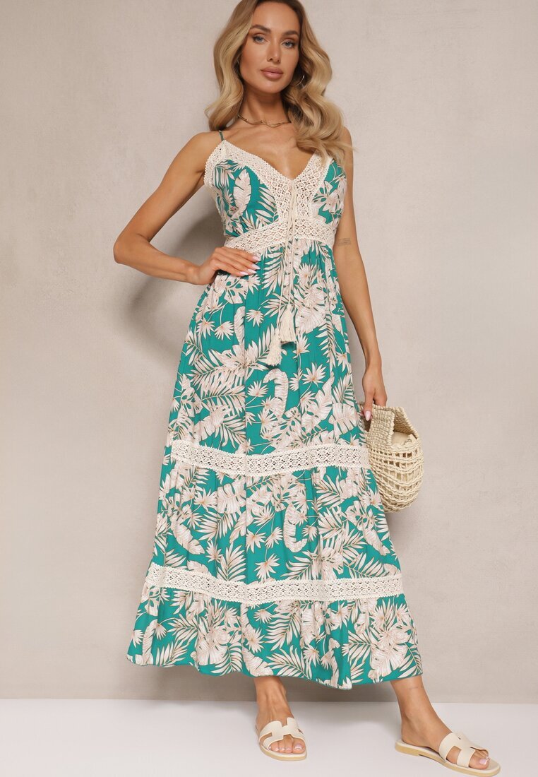 defox Rochie Evazată Verde din Bumbac cu Imprimeu Tropical cu Dantelă Alulora