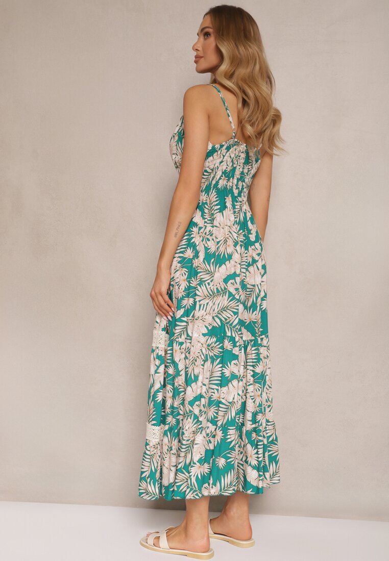 defox Rochie Evazată Verde din Bumbac cu Imprimeu Tropical cu Dantelă Alulora