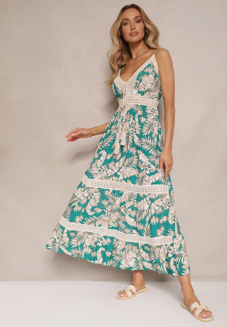 defox Rochie Evazată Verde din Bumbac cu Imprimeu Tropical cu Dantelă Alulora