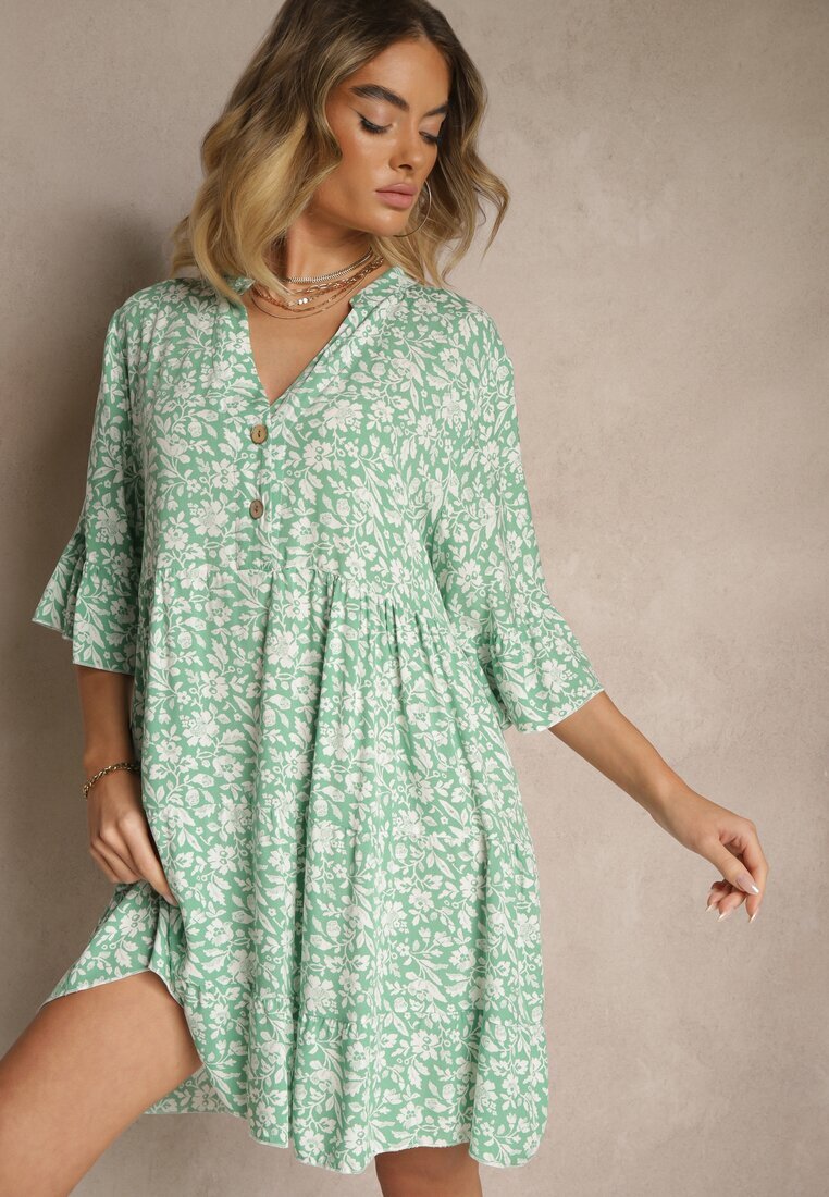 defox Rochie Evazată Verde din Bumbac Decorată cu Model Floral Jenelitia