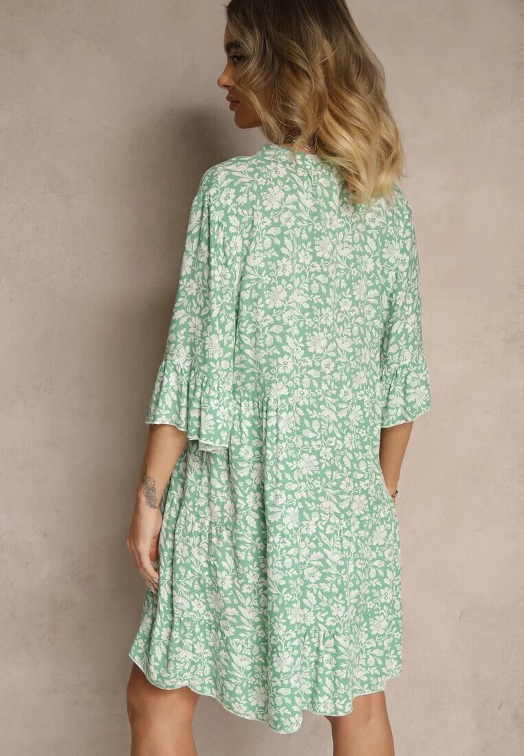 defox Rochie Evazată Verde din Bumbac Decorată cu Model Floral Jenelitia