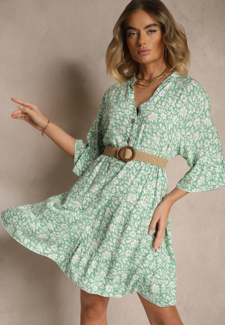 defox Rochie Evazată Verde din Bumbac Decorată cu Model Floral Jenelitia