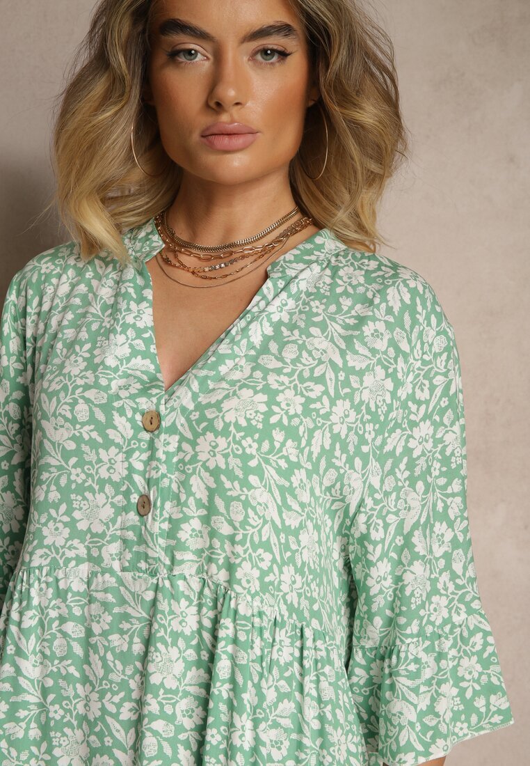 defox Rochie Evazată Verde din Bumbac Decorată cu Model Floral Jenelitia