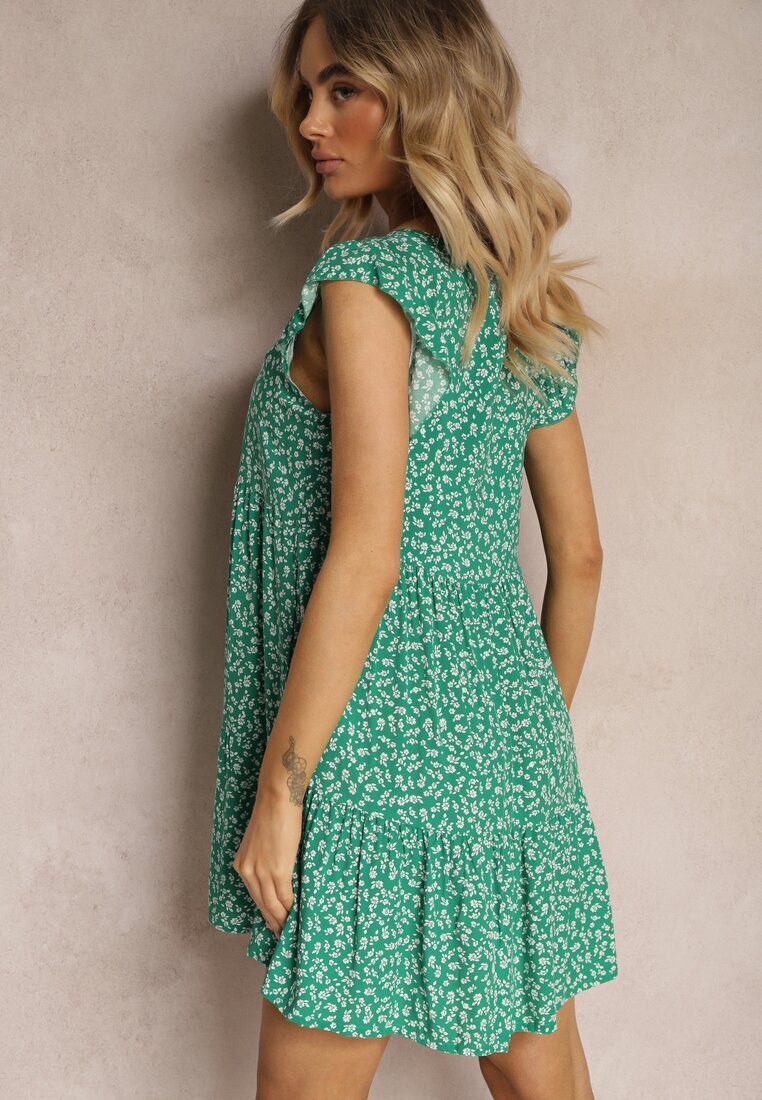 defox Rochie Evazată Verde din Bumbac Decorată cu Volănaș Crisandra