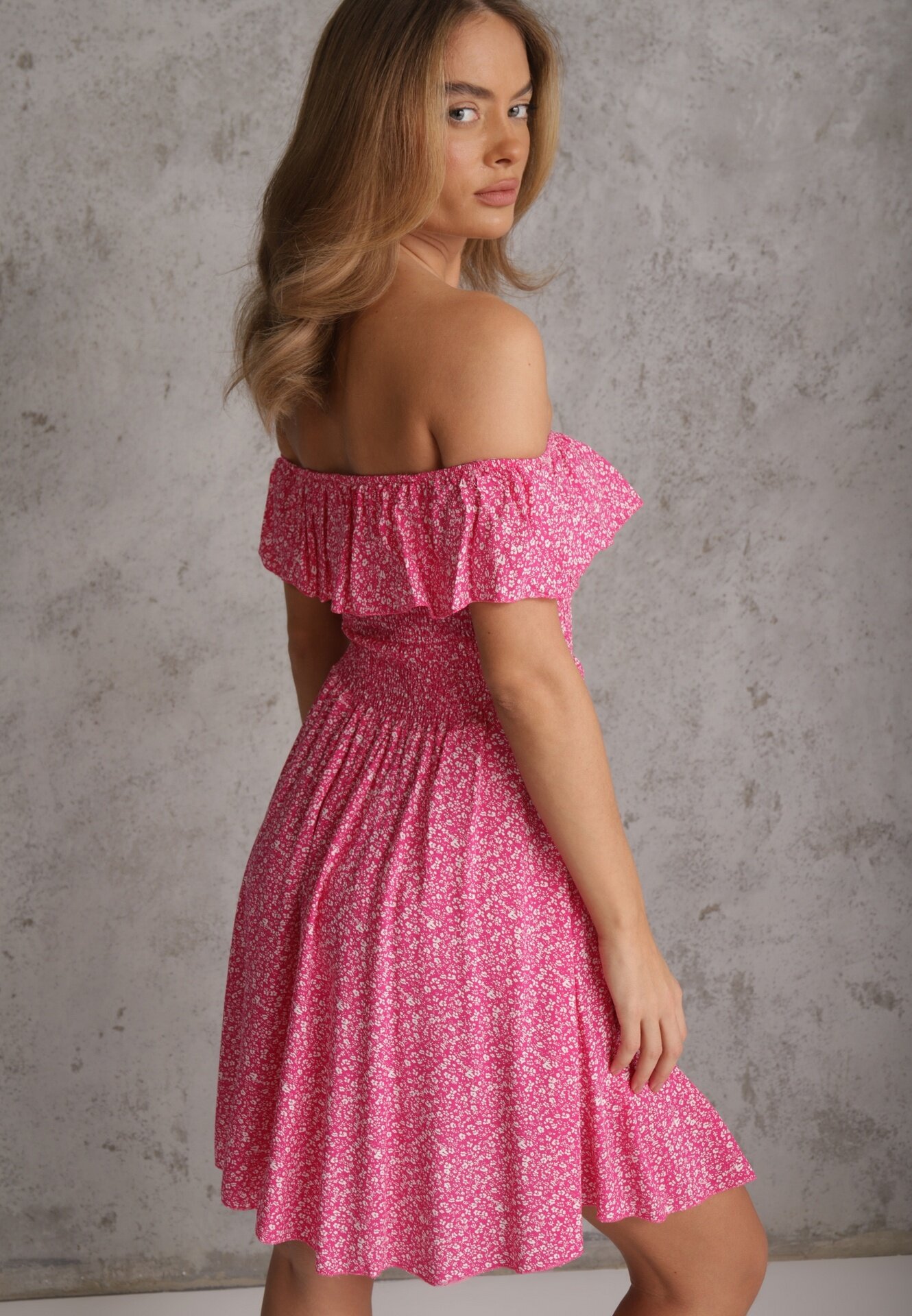 defox Rochie Florală Fucsia Spaniolă din bumbac cu elastic în talie Nevima