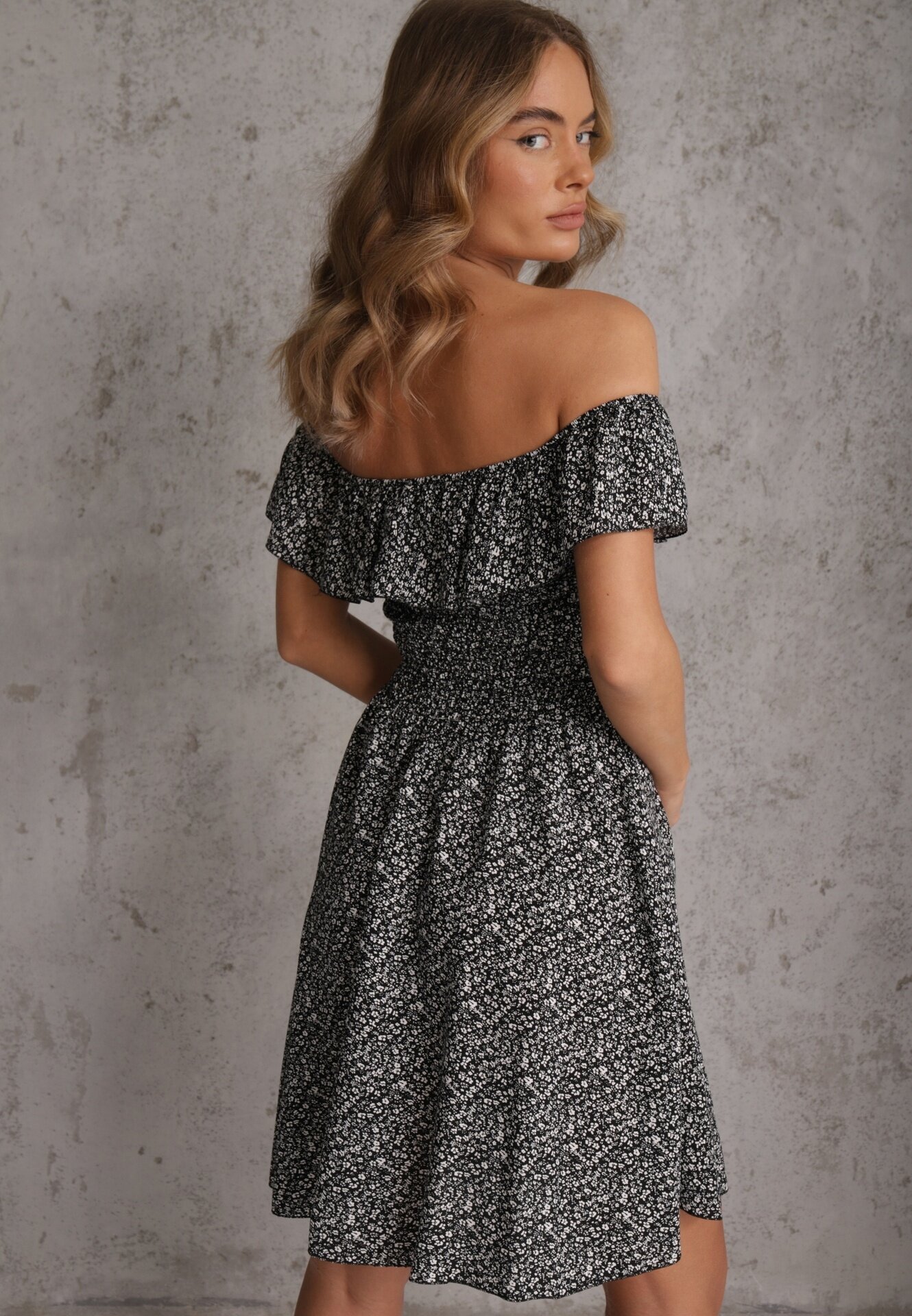 defox Rochie Florală Neagră Spaniolă din Bumbac cu elastic în talie Nevima