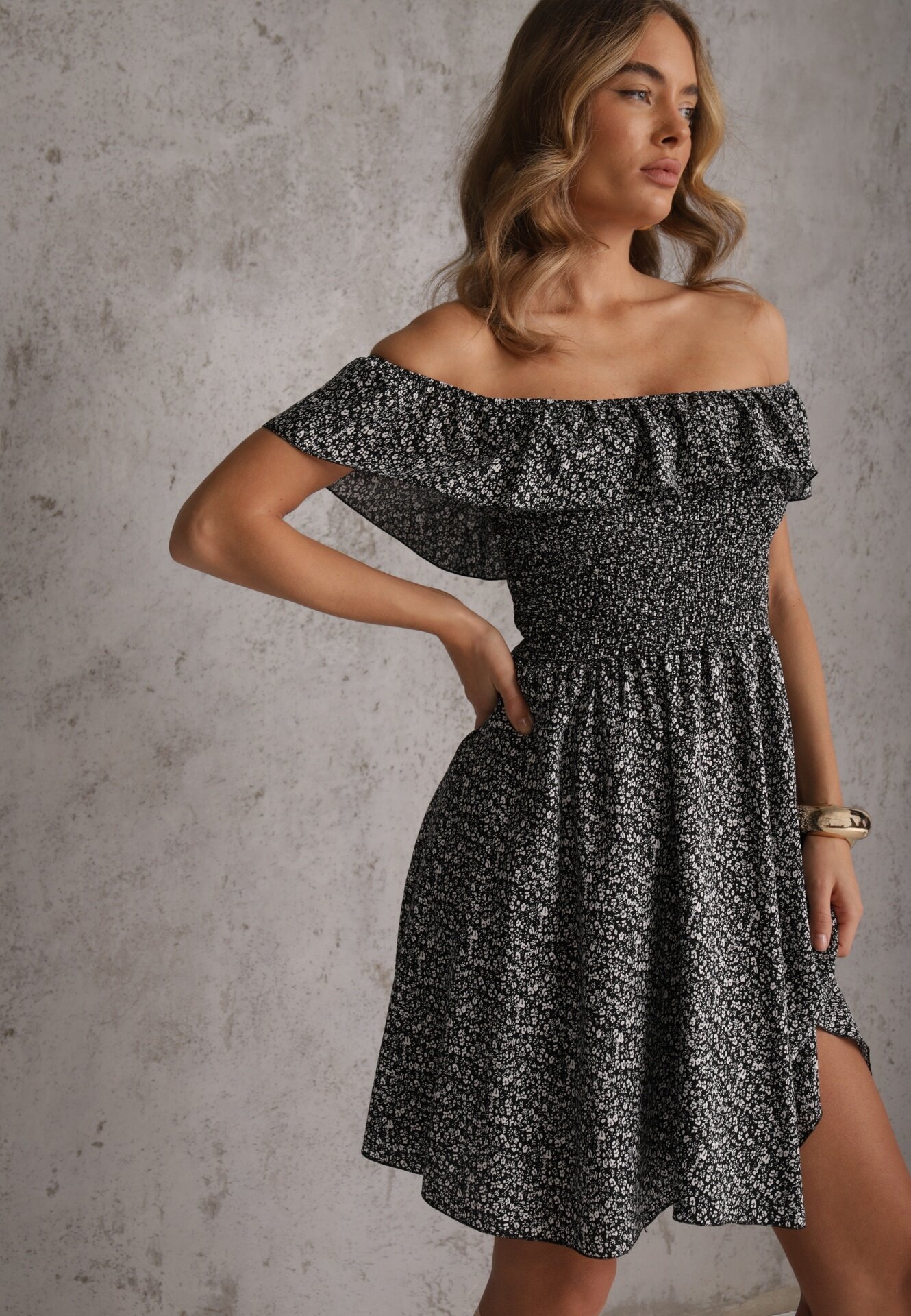 defox Rochie Florală Neagră Spaniolă din Bumbac cu elastic în talie Nevima