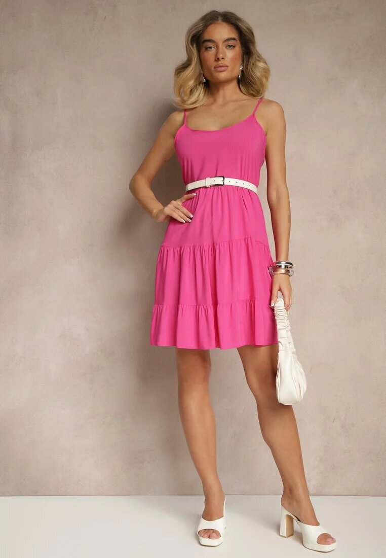 defox Rochie fuchsia din bumbac cu bretele decorată cu volane Lilitte
