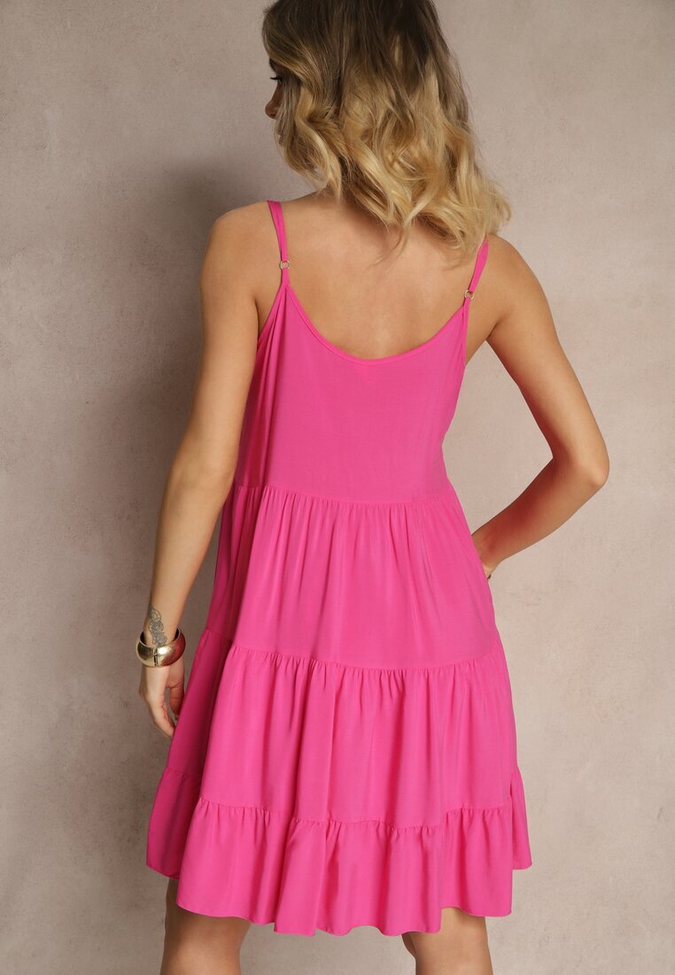 defox Rochie fuchsia din bumbac cu bretele decorată cu volane Lilitte