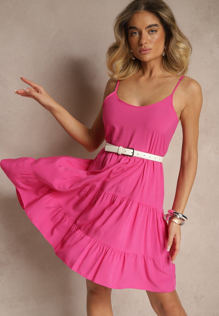 defox Rochie fuchsia din bumbac cu bretele decorată cu volane Lilitte