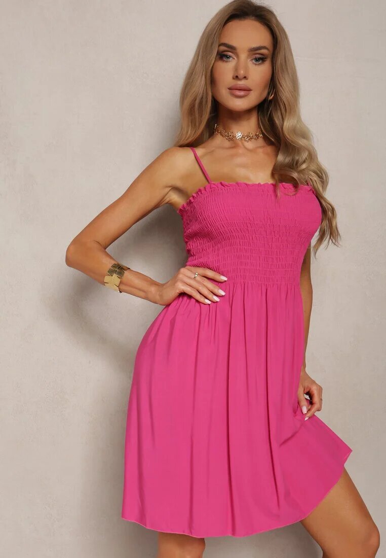 defox Rochie Fucsia din Bumbac cu Bretele cu Croială Cloș cu Partea Superioară Încrețită Christten