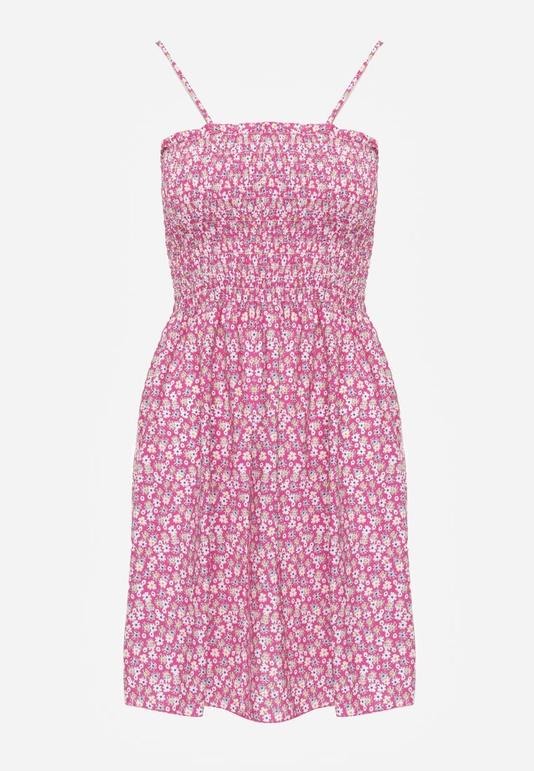 defox Rochie fucsia din bumbac cu bretele evazată și cu partea de sus încrețită Risetto